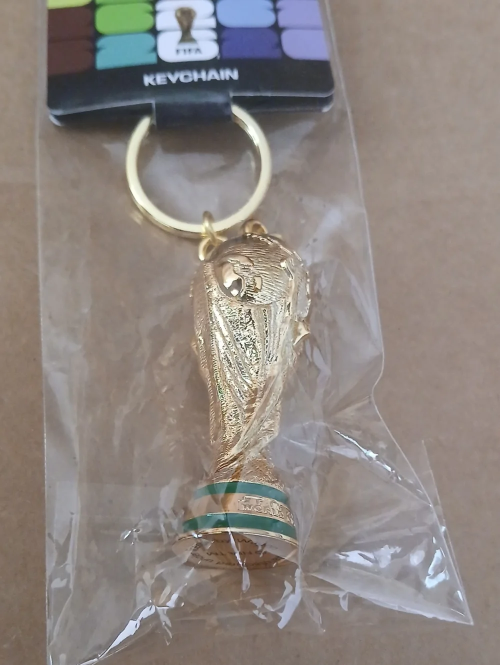 FIFA World Cup color gold Trophy Keychain with Green Accents nwt